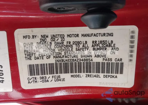 2010 Toyota Corolla Le из США, поврежденный, VIN 1NXBU4EE8AZ348854